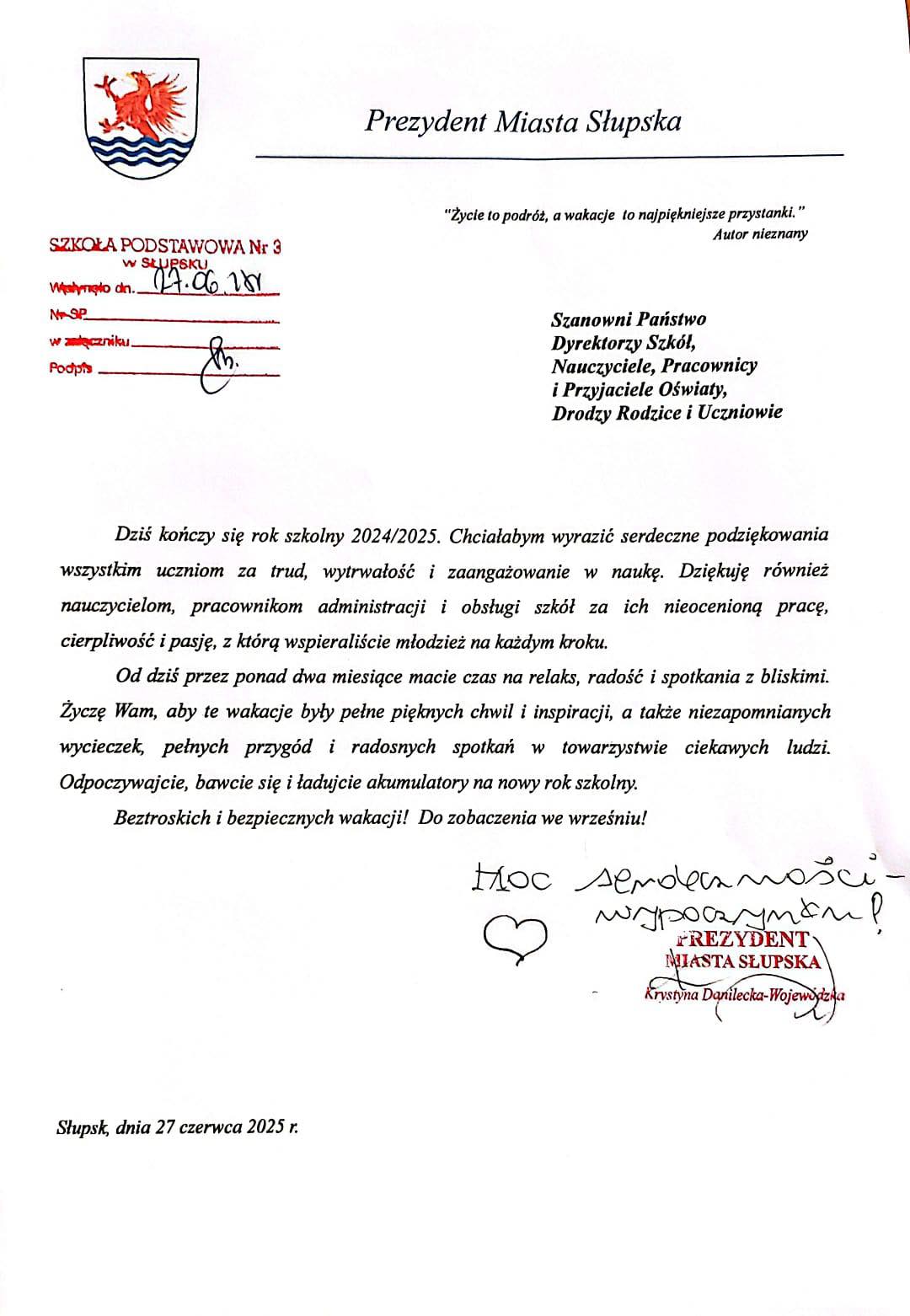 list prezydenyki na zakończenie roku szkolnego