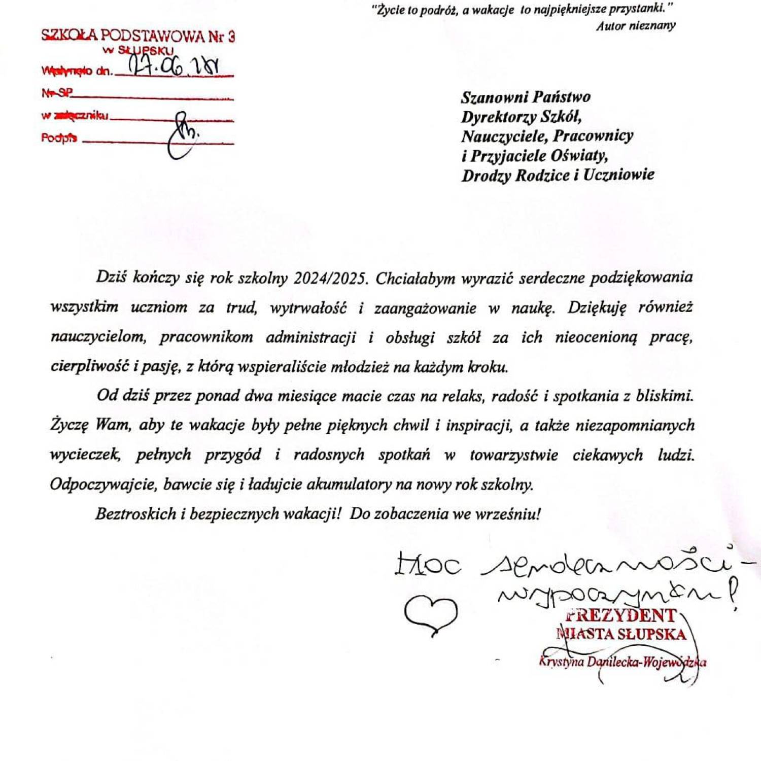 Życzenia od Pani Prezydent Krystyny Danileckiej-Wojewódzkiej
